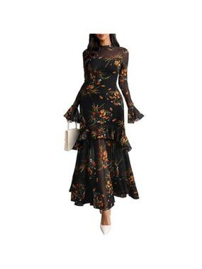 Women's Floral Maxi Dress Sheer Mesh Bell Sleeve Tiered Ruffle Gothic Long Dress